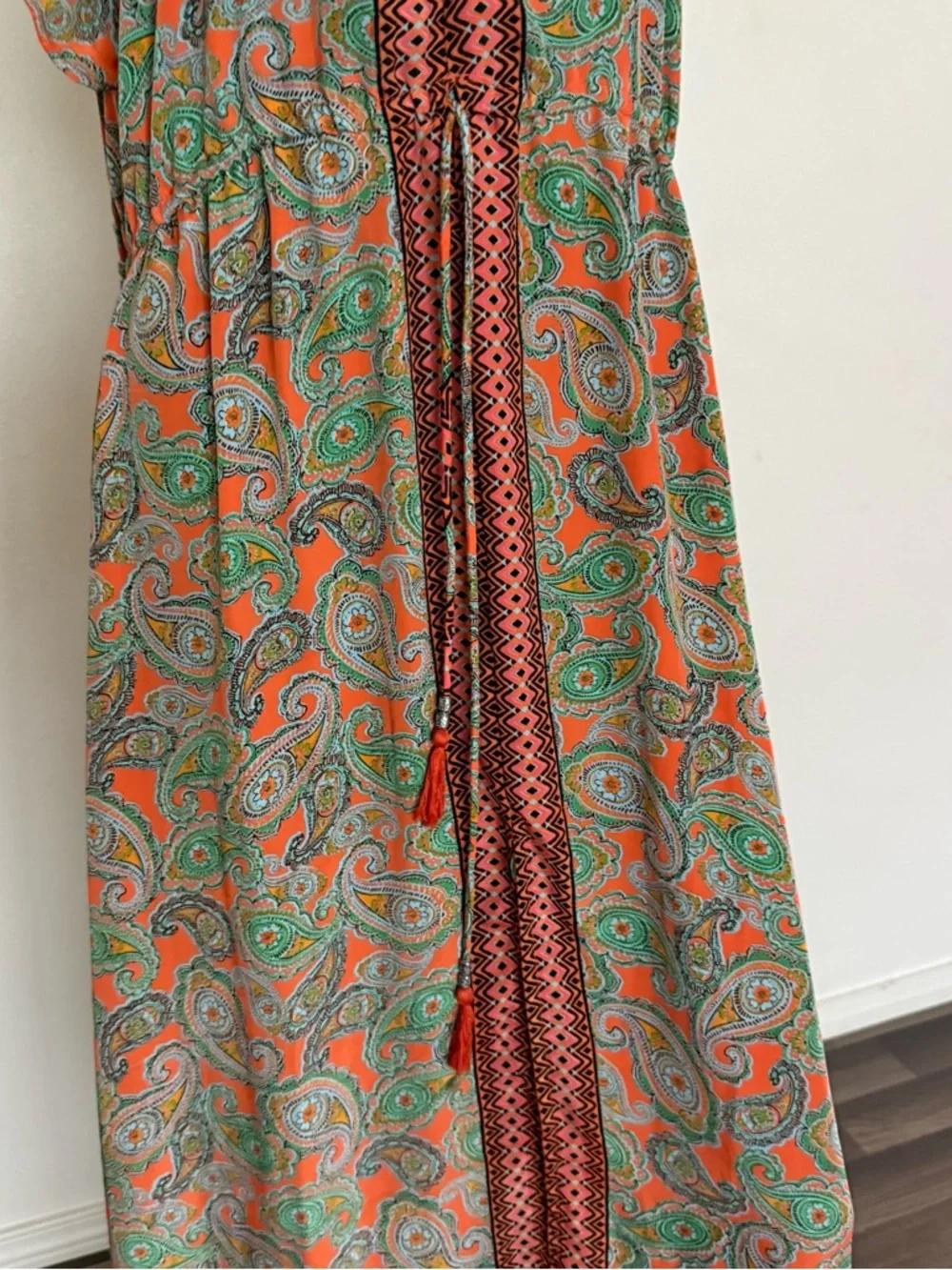 Paisley Print Orange & Green Maxi Dress with Center Panel - Picture 6 of 16